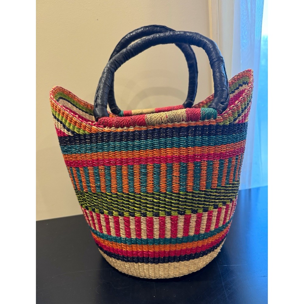 Multicolor Handmade Wicker Basket w/ Handles Round 12in Boho Geometric Grocery